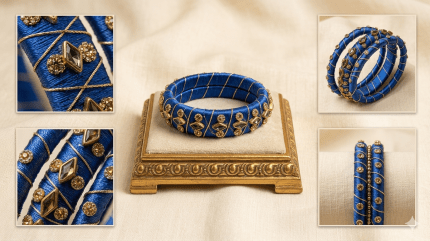 রাজকীয় রয়্যাল ব্লু সিল্ক থ্রেড চুড়ি (Gold Zari & Crystal Work)